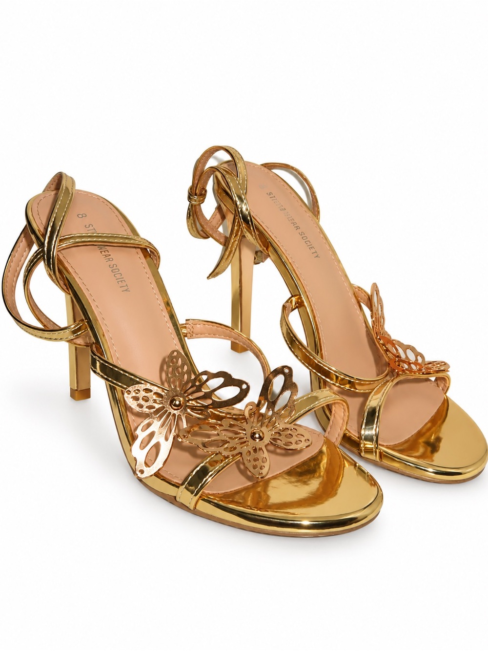 Gold Butterfly Heeled Sandals | Size 8